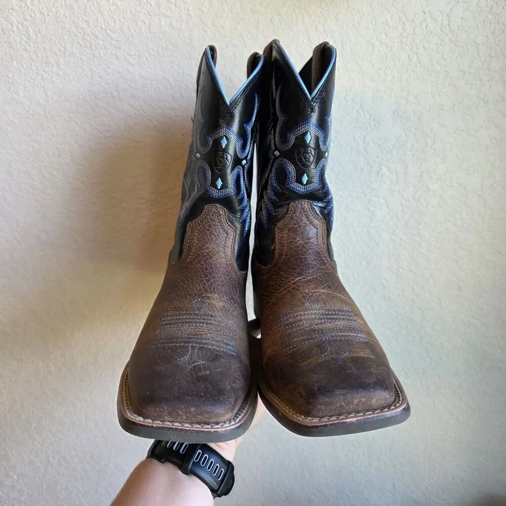 Ariat Big Kids Tombstone Cowboy Boots Square Toe Brown Blue Youth Size 6